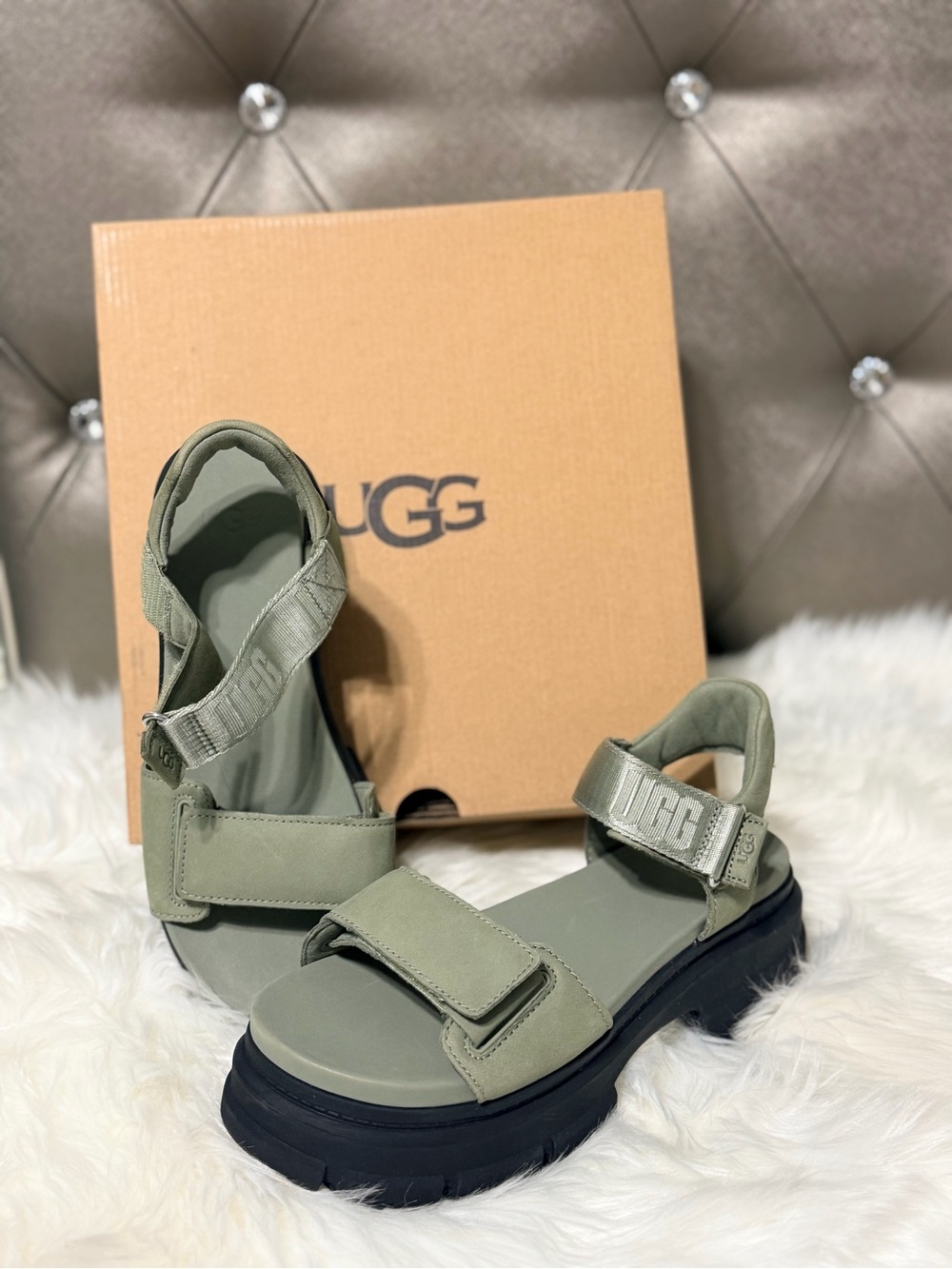 UGG Ashton Olive Green Chunky Velcro Platform Sandals